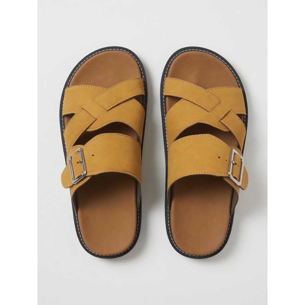 Classic Tan Multi Strap Slide Sandals with Adjustable Buckle